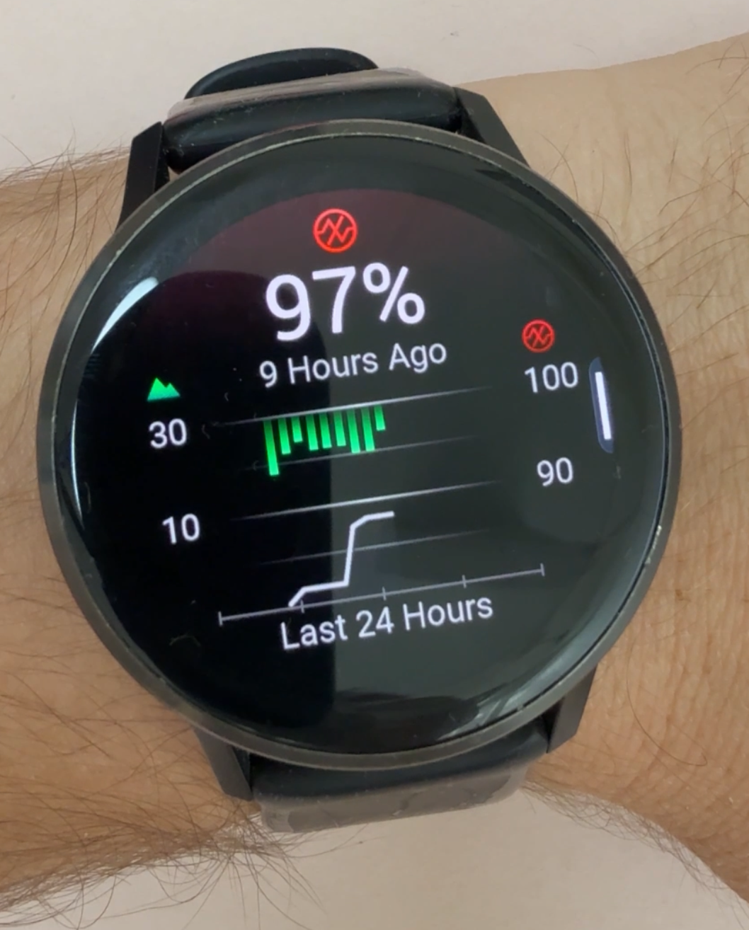 Pulse Ox screen on a Garmin watch showing 97% SpO2 with green bars and elevation line